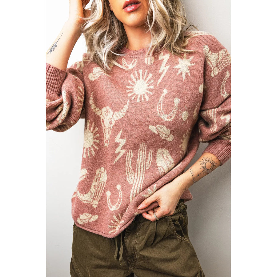 Western Graphic Round Neck Sweater Apparel and Accessories