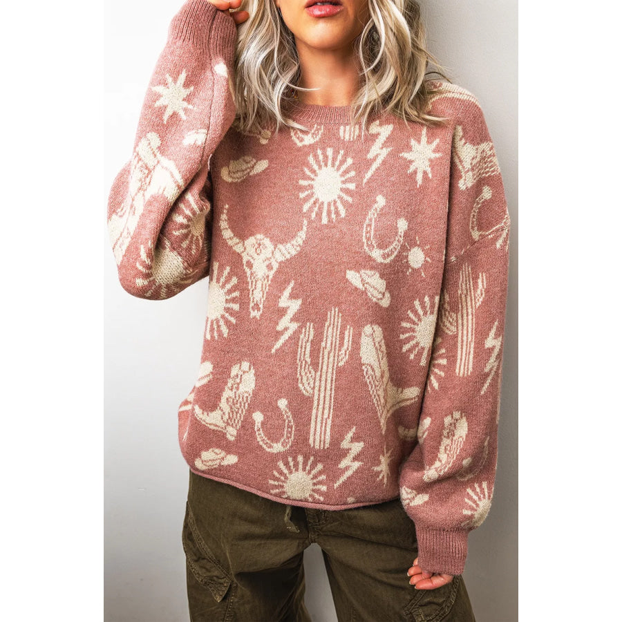 Western Graphic Round Neck Sweater Apparel and Accessories