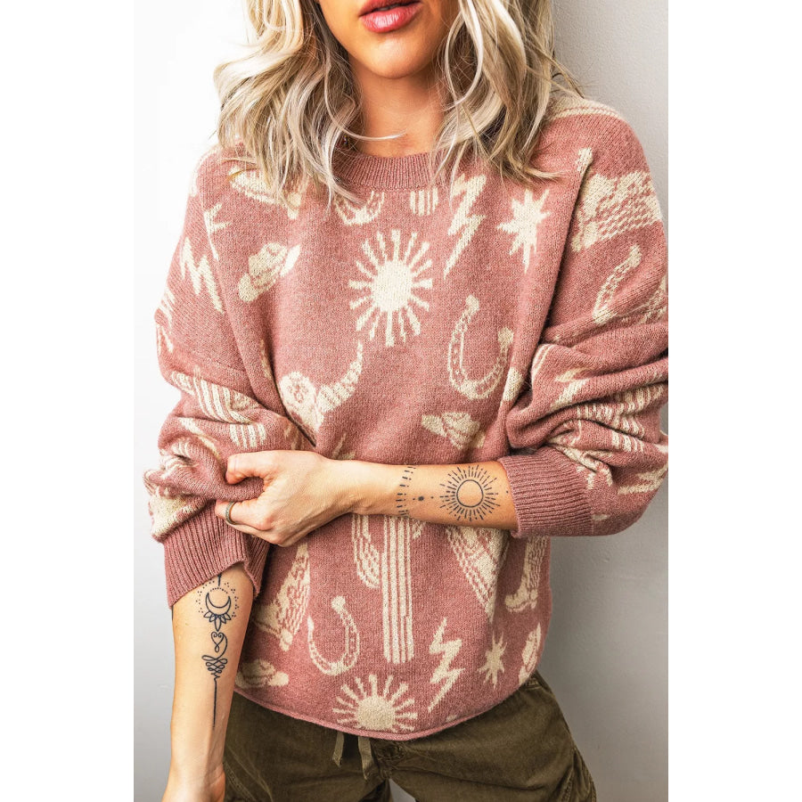 Western Graphic Round Neck Sweater Apparel and Accessories
