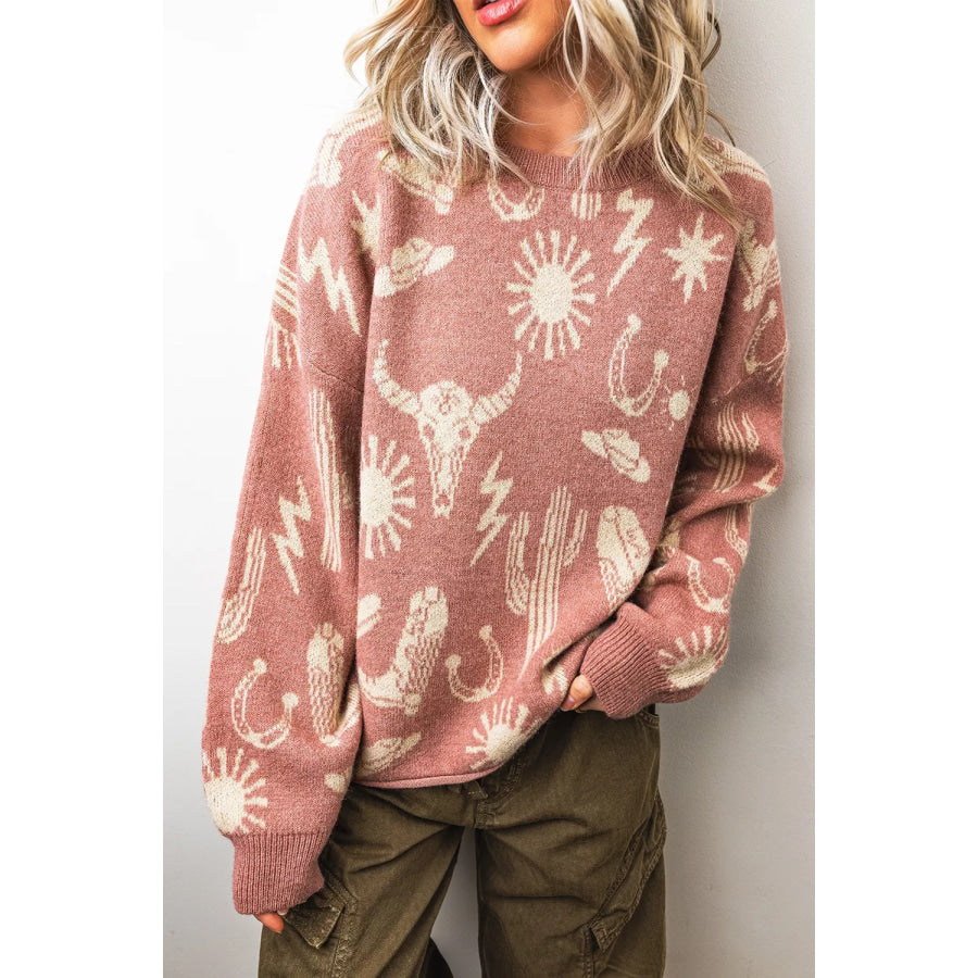 Western Graphic Round Neck Sweater Apparel and Accessories