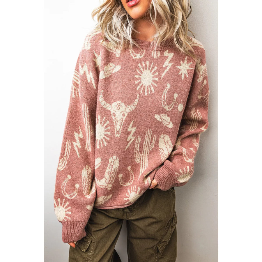 Western Graphic Round Neck Sweater Dusty Pink / S Apparel and Accessories