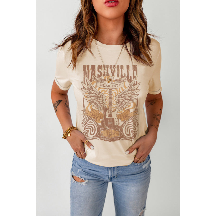 Western Graphic Round Neck T-Shirt Khaki / S Apparel and Accessories