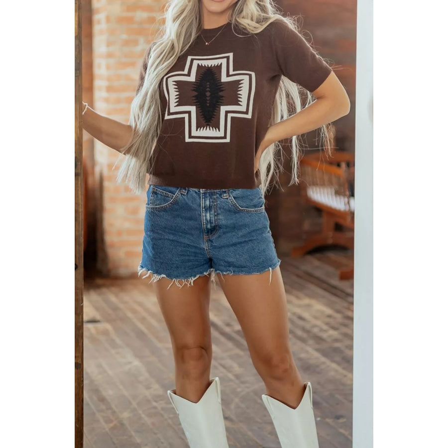 Western Graphic Short Sleeve Knit Casual Sweater Apparel and Accessories