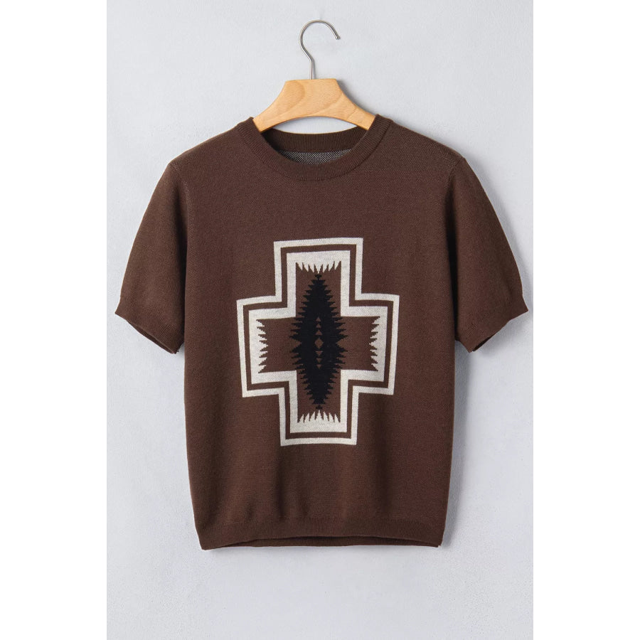 Western Graphic Short Sleeve Knit Casual Sweater Apparel and Accessories
