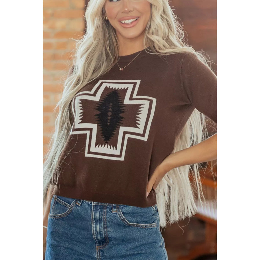 Western Graphic Short Sleeve Knit Casual Sweater Apparel and Accessories