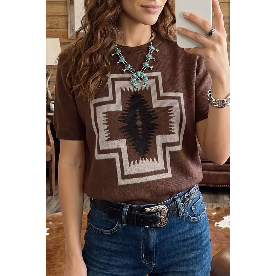 Western Graphic Short Sleeve Knit Casual Sweater Apparel and Accessories