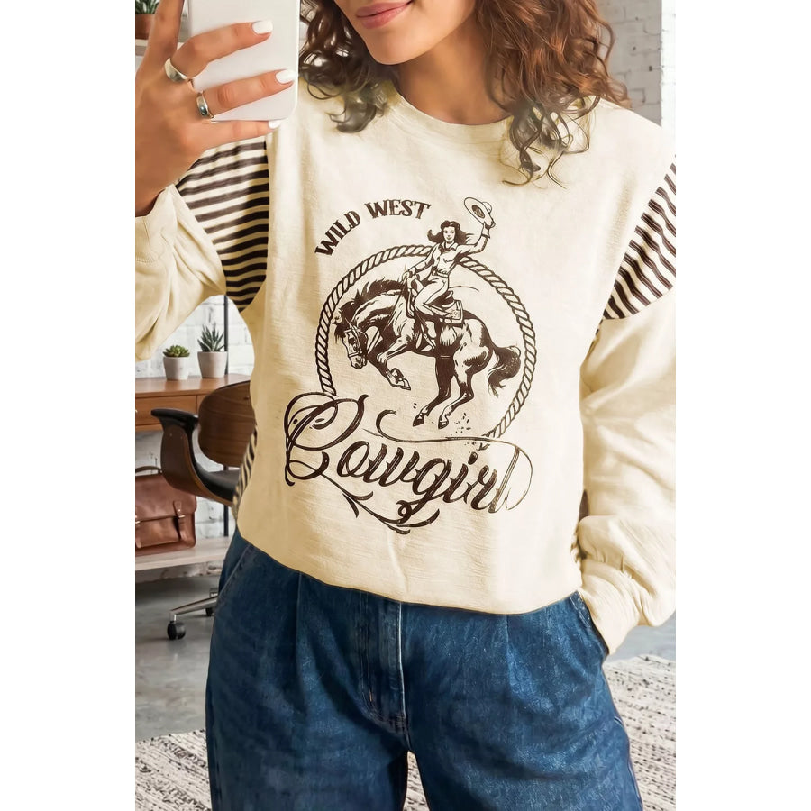 Western Graphic Striped Detail Long Sleeve Casual Top Apparel and Accessories