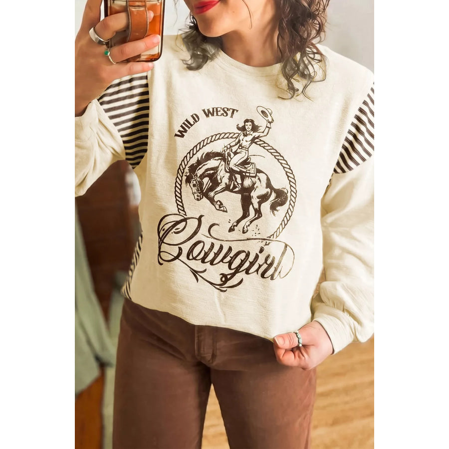 Western Graphic Striped Detail Long Sleeve Casual Top Beige / S Apparel and Accessories