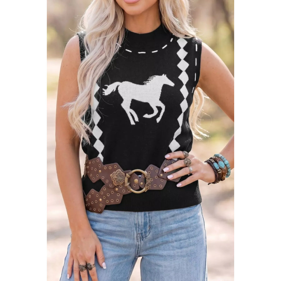 Western Horse Geometric Print Mock Neck Sweater Vest Apparel and Accessories