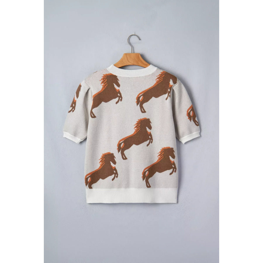 Western Horse Short Puff Sleeve Sweater Apparel and Accessories