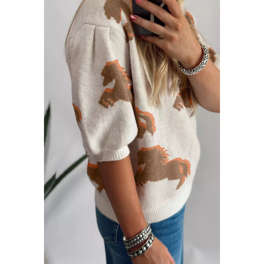 Western Horse Short Puff Sleeve Sweater Apparel and Accessories