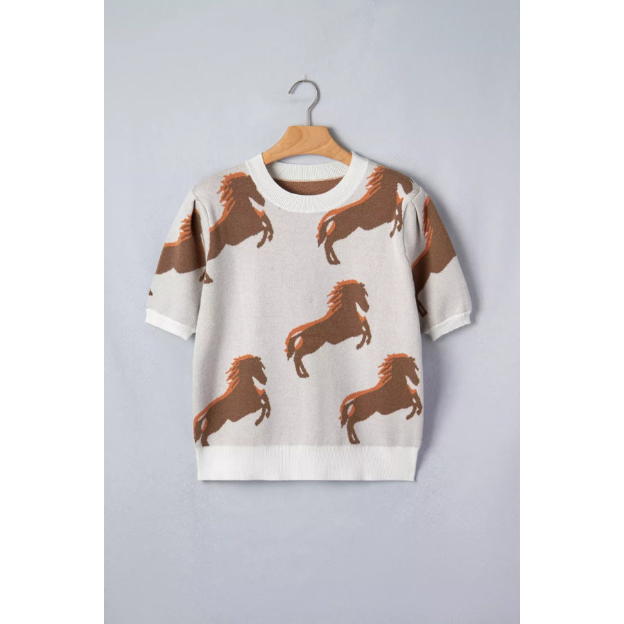 Western Horse Short Puff Sleeve Sweater Apparel and Accessories