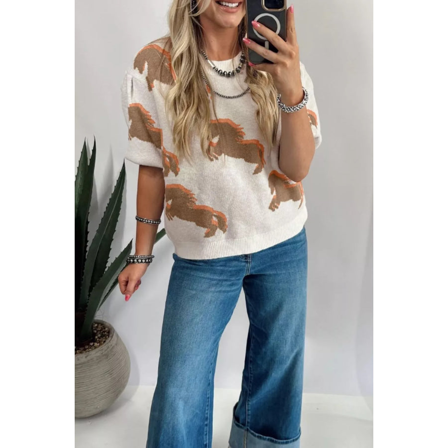 Western Horse Short Puff Sleeve Sweater Apparel and Accessories