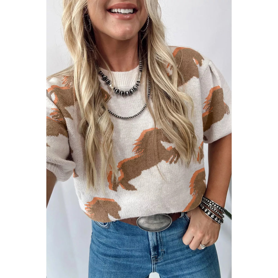 Western Horse Short Puff Sleeve Sweater Beige / S Apparel and Accessories