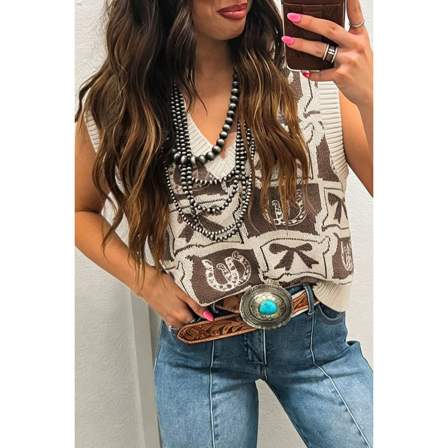 Western Horseshoe Bow Pattern Button Front Sleeveless Knit Sweater Apparel and Accessories