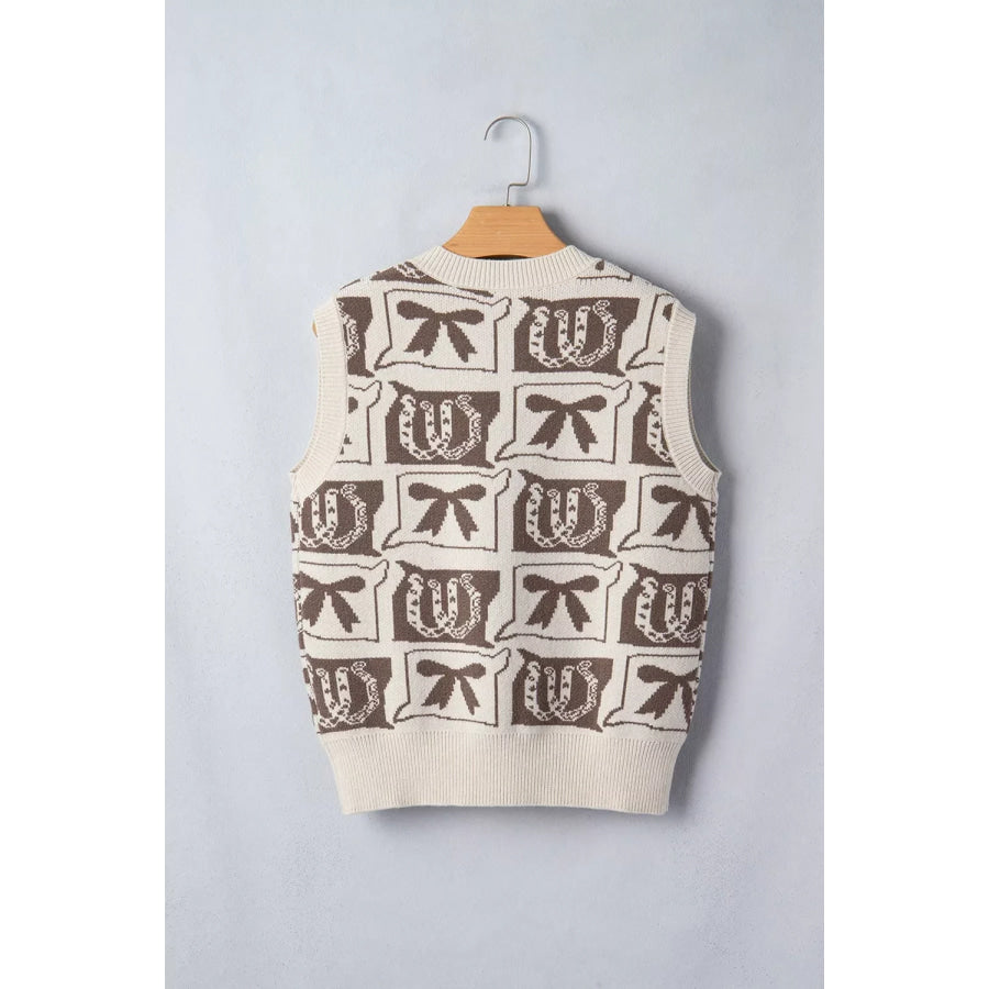 Western Horseshoe Bow Pattern Button Front Sleeveless Knit Sweater Apparel and Accessories