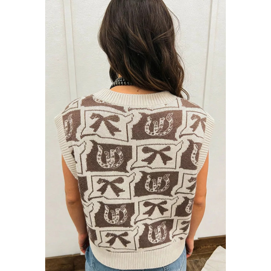 Western Horseshoe Bow Pattern Button Front Sleeveless Knit Sweater Apparel and Accessories
