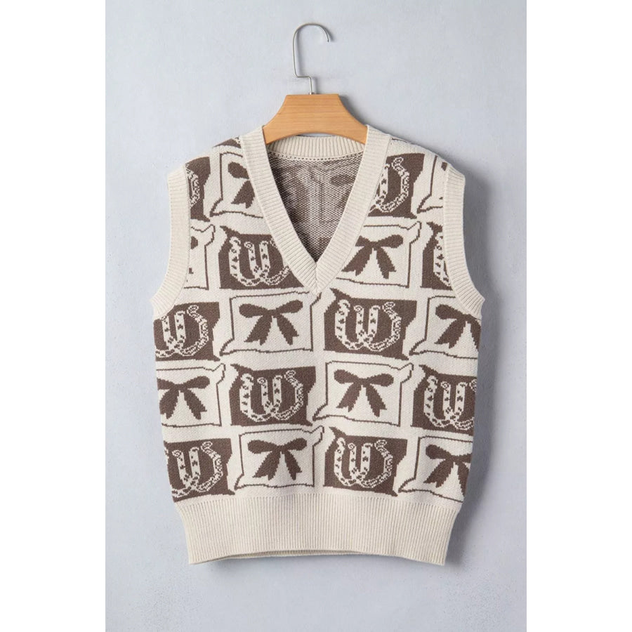 Western Horseshoe Bow Pattern Button Front Sleeveless Knit Sweater Apparel and Accessories