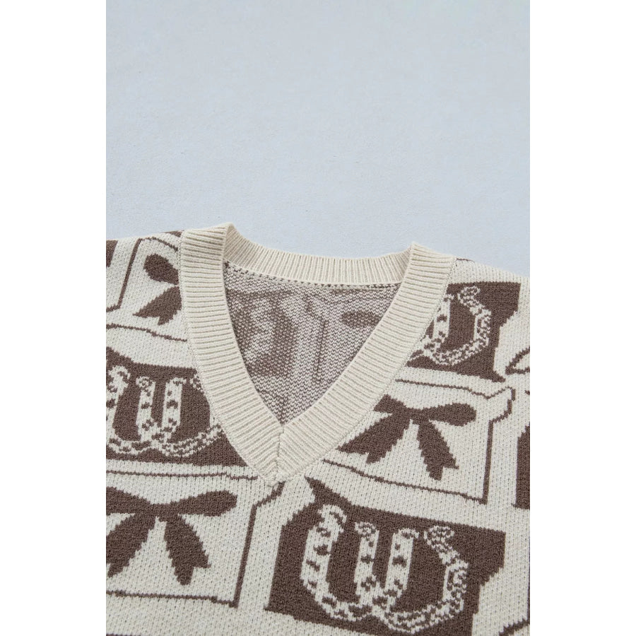 Western Horseshoe Bow Pattern Button Front Sleeveless Knit Sweater Apparel and Accessories