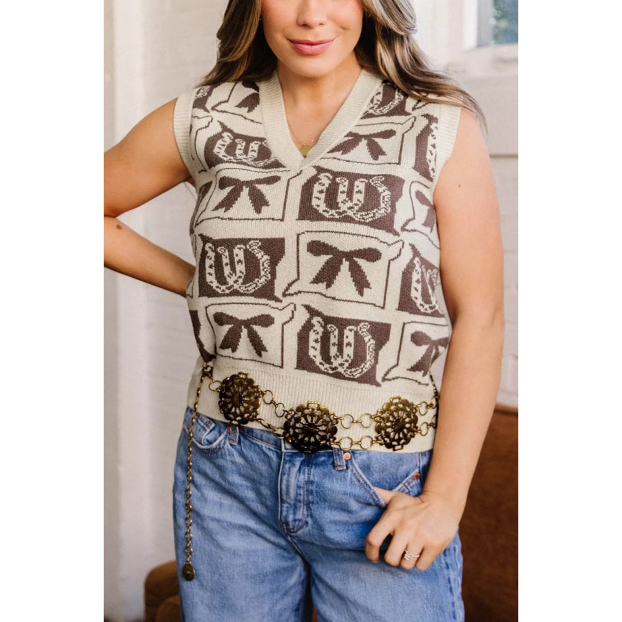 Western Horseshoe Bow Pattern Button Front Sleeveless Knit Sweater Taupe / S Apparel and Accessories