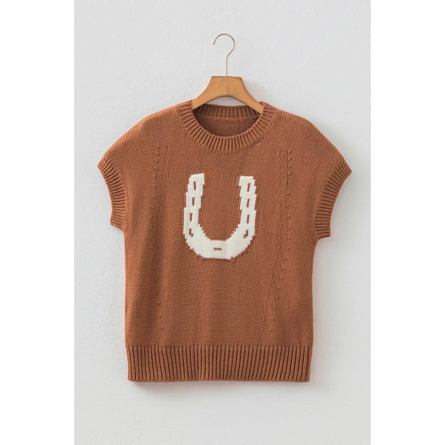 Western Horseshoe Pattern Short Sleeve Knit Sweater Apparel and Accessories