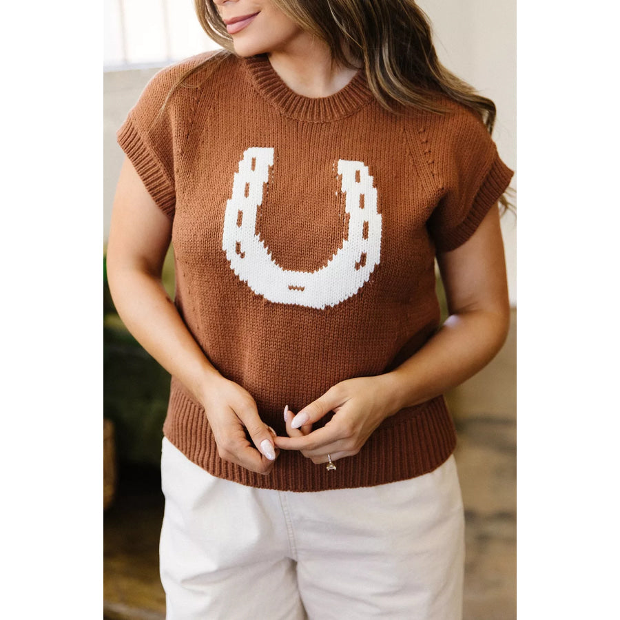 Western Horseshoe Pattern Short Sleeve Knit Sweater Apparel and Accessories