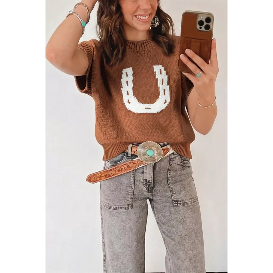 Western Horseshoe Pattern Short Sleeve Knit Sweater Apparel and Accessories