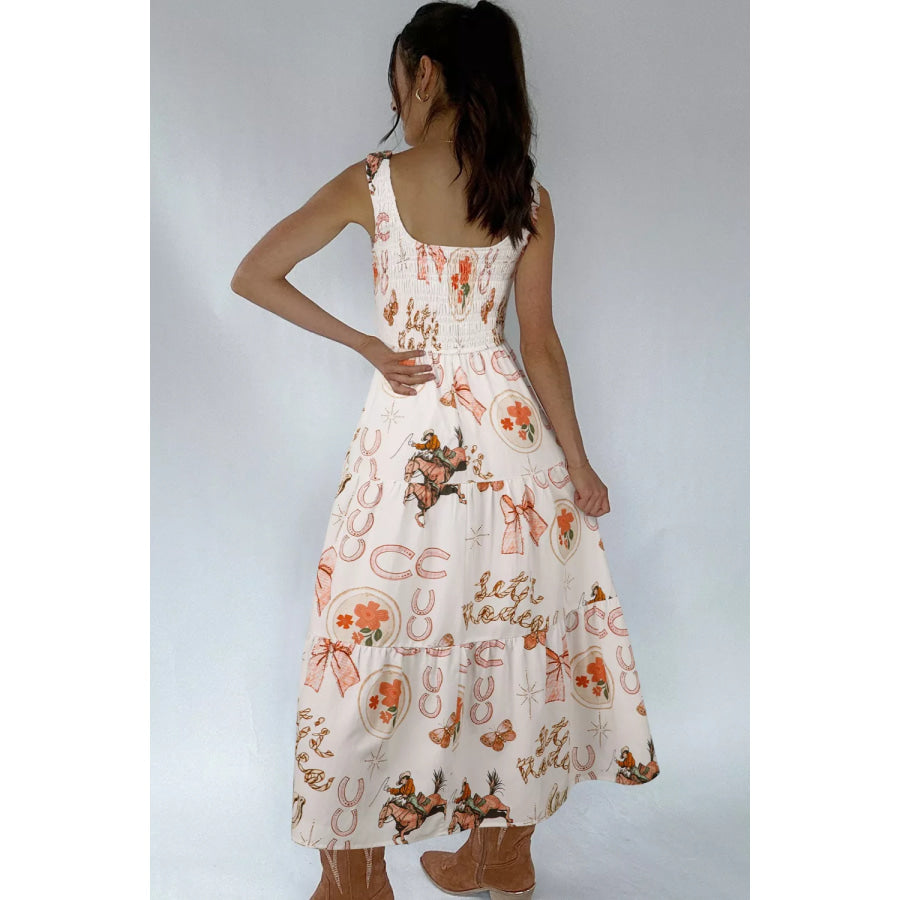 Western Horseshoe Print U-Neck Sleeveless Midi Dress Apparel and Accessories