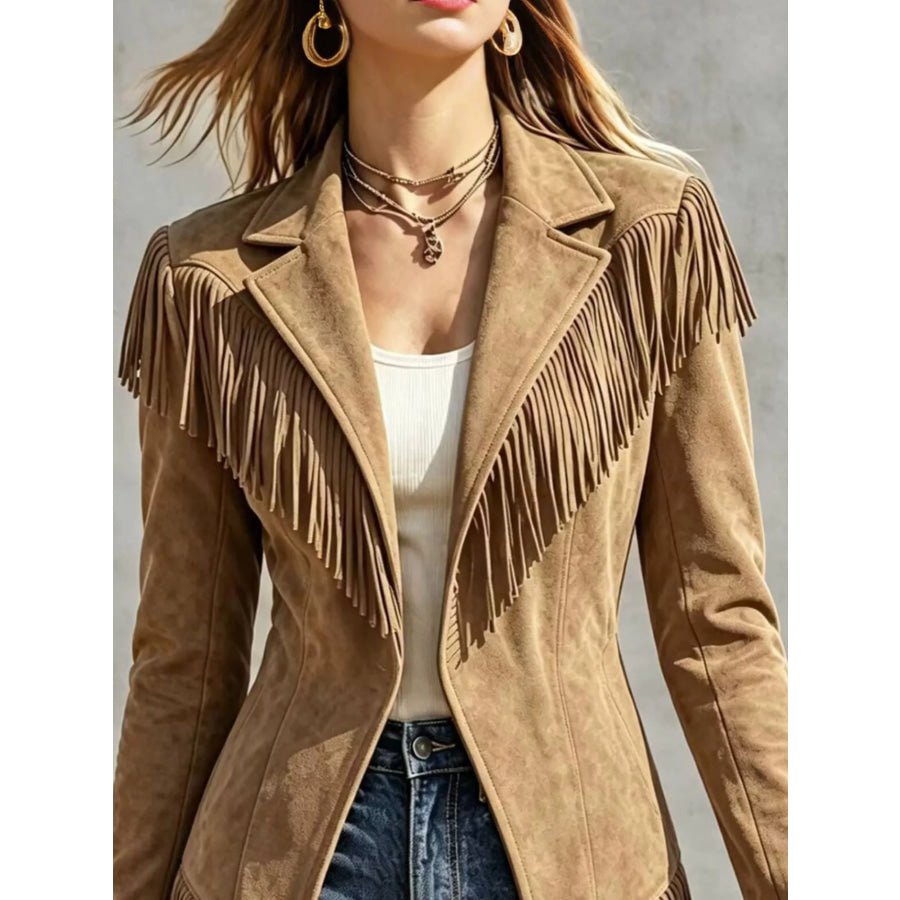 Western-Inspired Fringed Open Front Jacket Apparel and Accessories