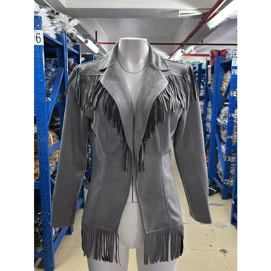 Western-Inspired Fringed Open Front Jacket Apparel and Accessories