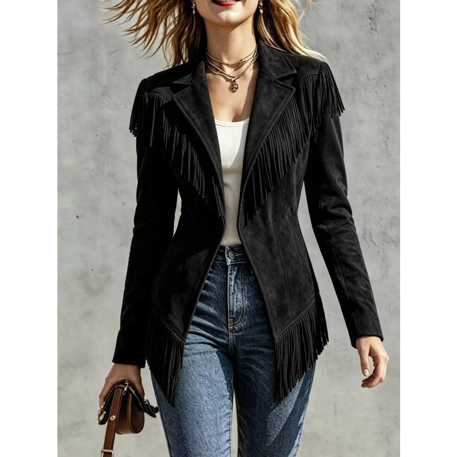 Western-Inspired Fringed Open Front Jacket Apparel and Accessories