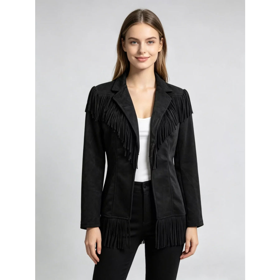 Western-Inspired Fringed Open Front Jacket Black / S Apparel and Accessories