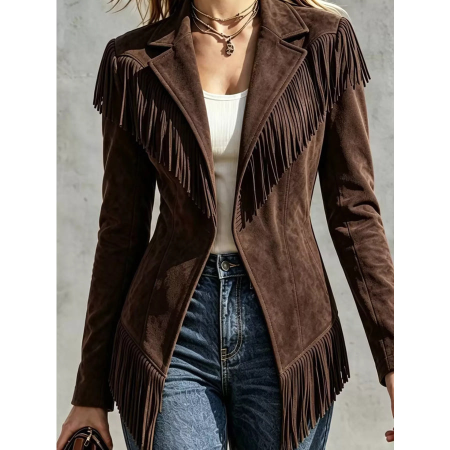 Western-Inspired Fringed Open Front Jacket Brown / S Apparel and Accessories