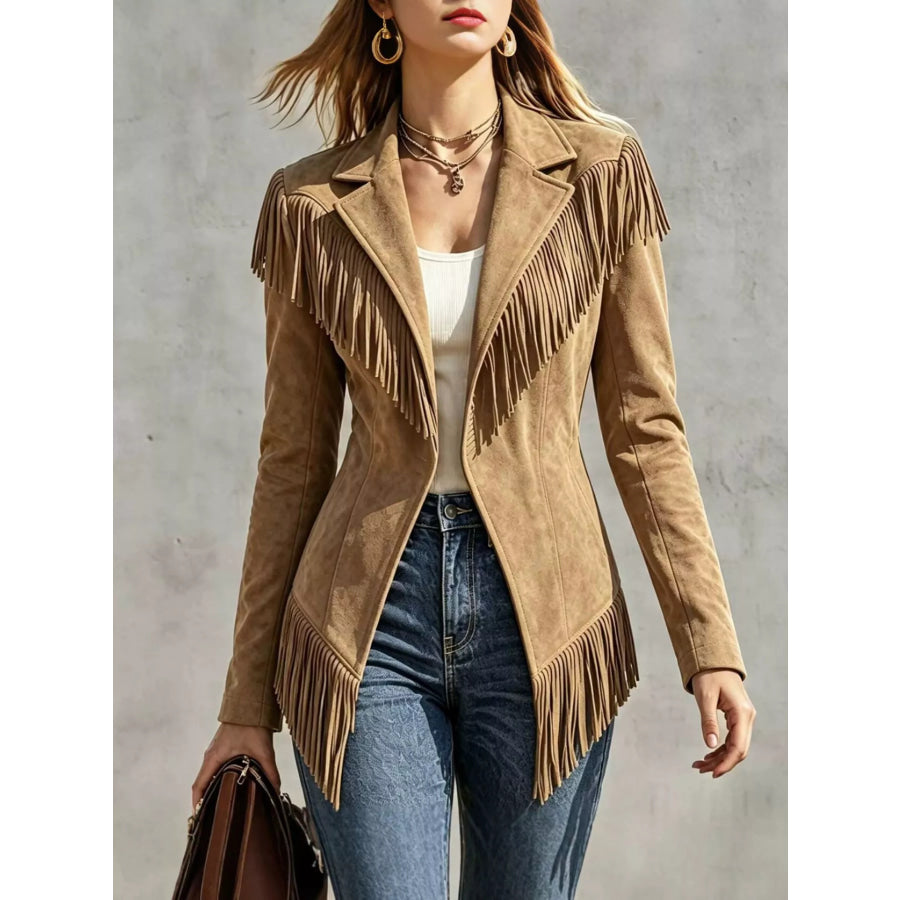 Western-Inspired Fringed Open Front Jacket Camel / S Apparel and Accessories
