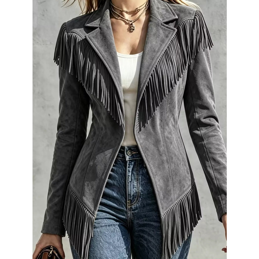 Western-Inspired Fringed Open Front Jacket Gray / S Apparel and Accessories