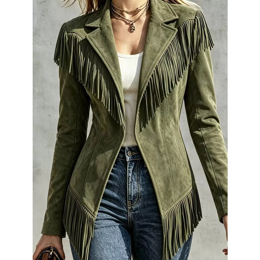 Western-Inspired Fringed Open Front Jacket Moss / S Apparel and Accessories