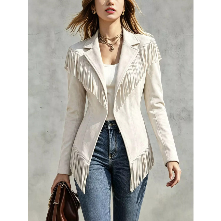 Western-Inspired Fringed Open Front Jacket White / S Apparel and Accessories
