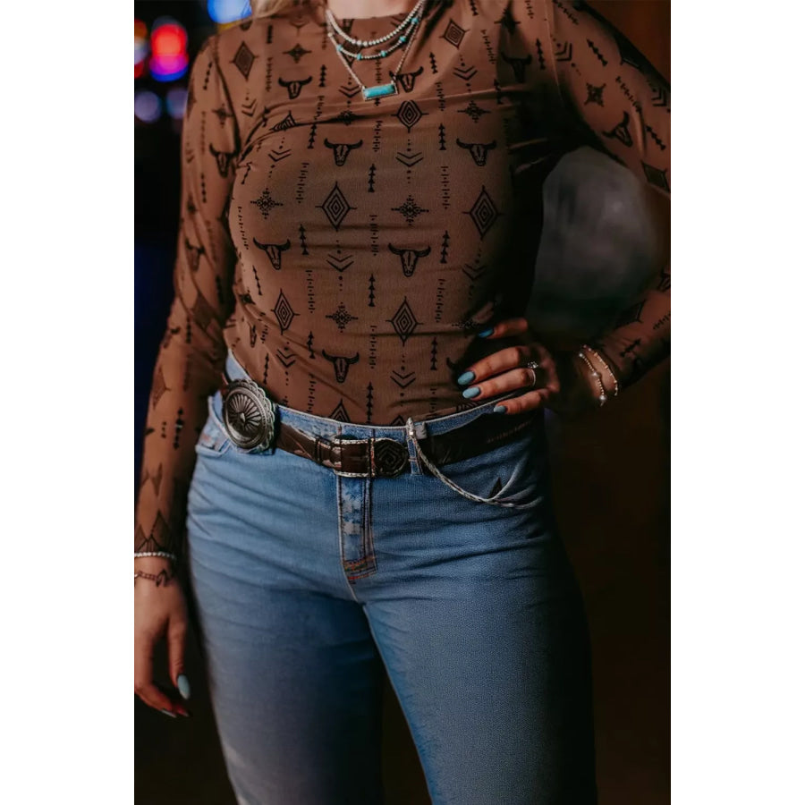 Western-Inspired Long Sleeve T-Shirt Brown / S Apparel and Accessories