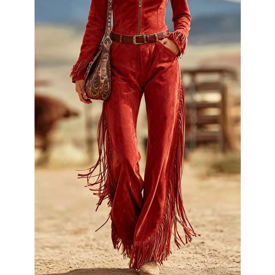 Western-Inspired Suede Fringe Jumpsuit with Zipper Front Apparel and Accessories
