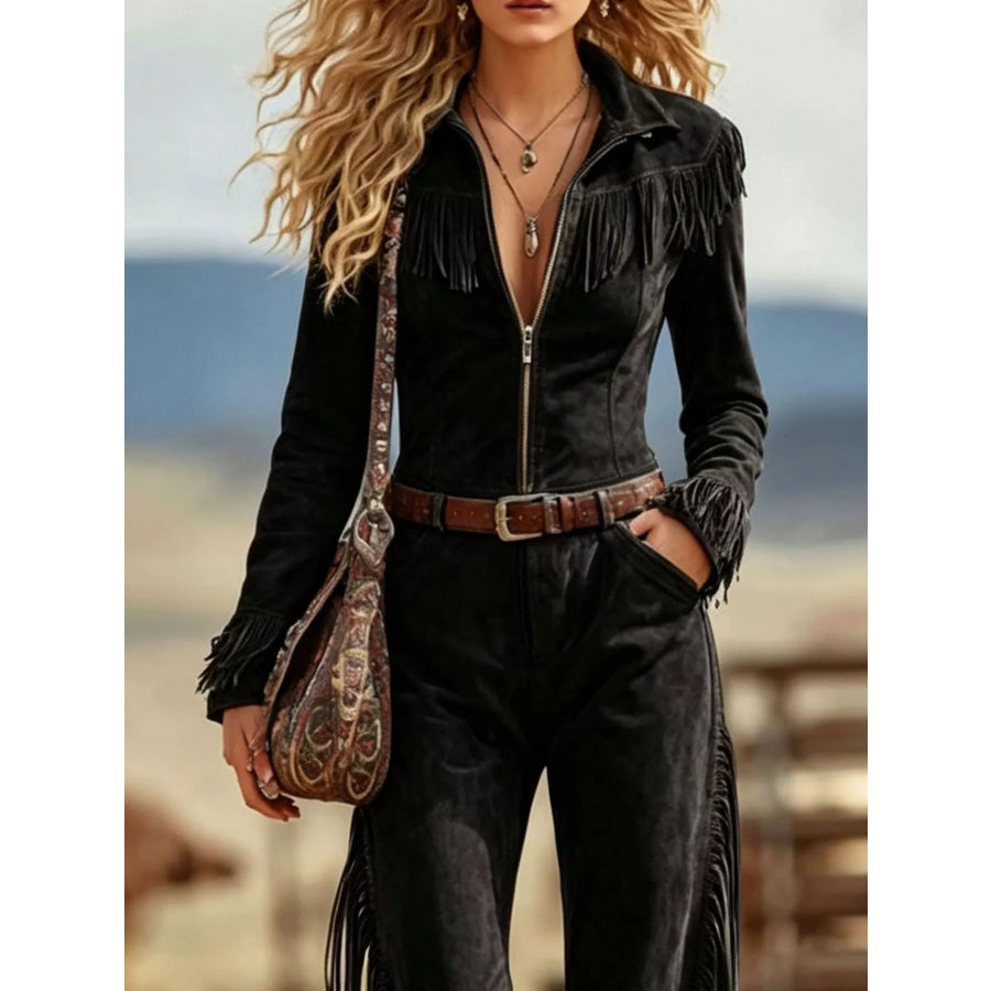 Western-Inspired Suede Fringe Jumpsuit with Zipper Front Apparel and Accessories