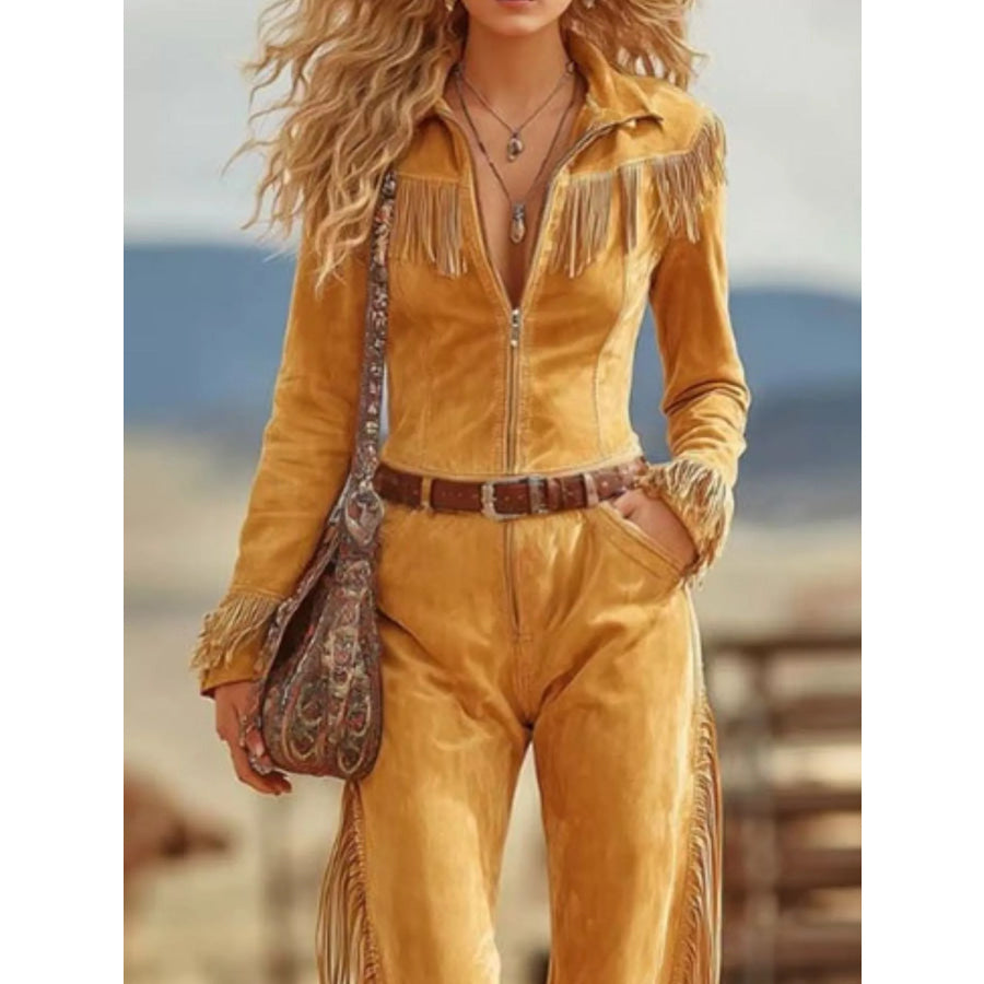 Western-Inspired Suede Fringe Jumpsuit with Zipper Front Apparel and Accessories