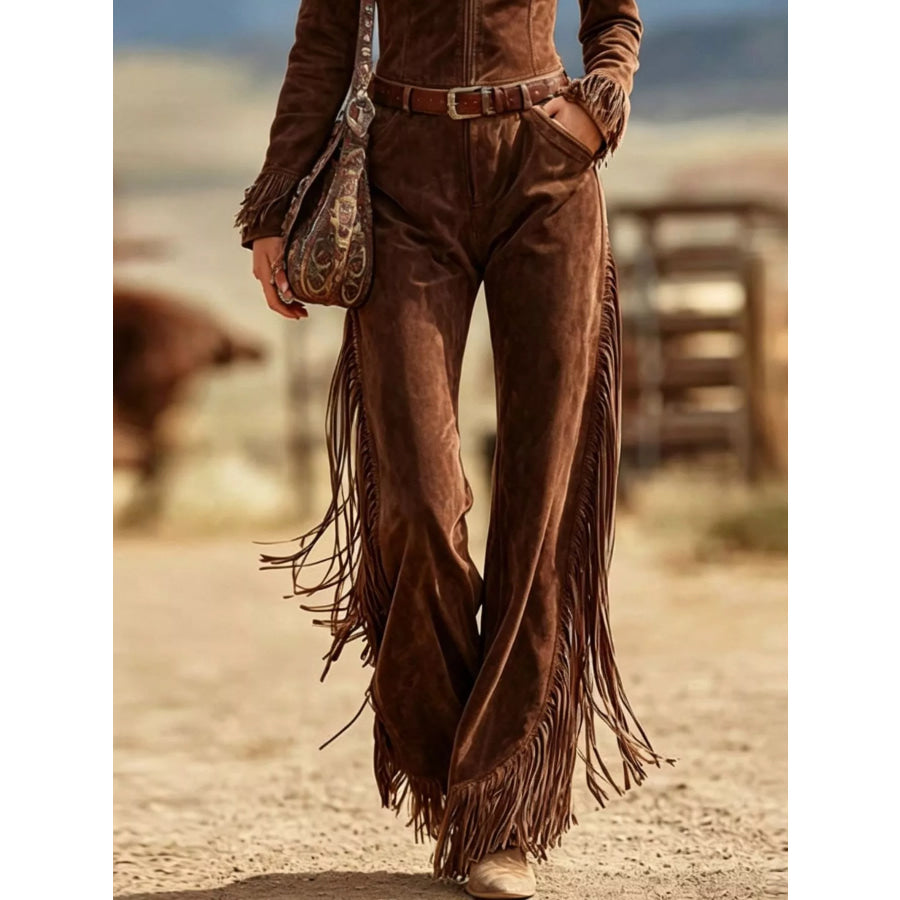 Western-Inspired Suede Fringe Jumpsuit with Zipper Front Apparel and Accessories