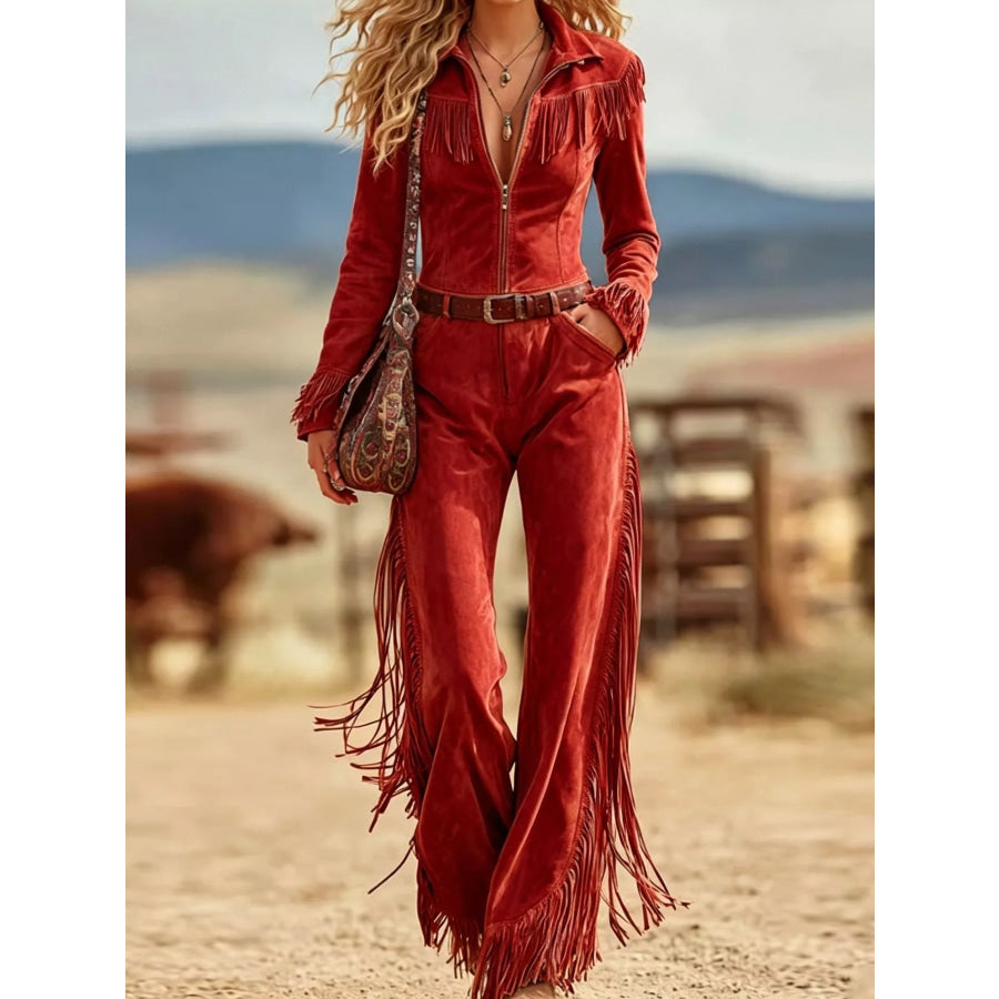 Western-Inspired Suede Fringe Jumpsuit with Zipper Front Red / S Apparel and Accessories