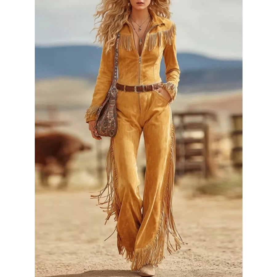 Western-Inspired Suede Fringe Jumpsuit with Zipper Front Yellow / S Apparel and Accessories