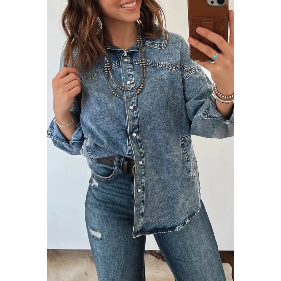 Western Long Sleeve Shirt Collar Tunic Denim Jacket Apparel and Accessories