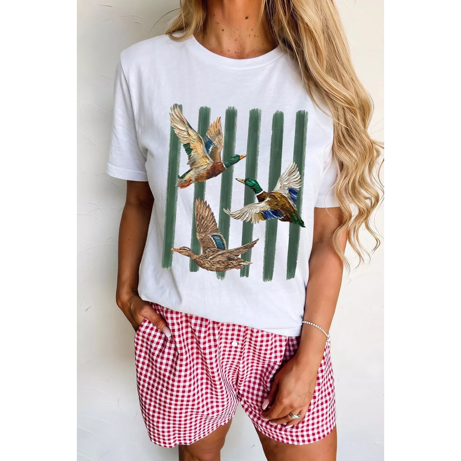 Western Mallard Stripes Graphic Round Neck Casual Tee White / S Apparel and Accessories