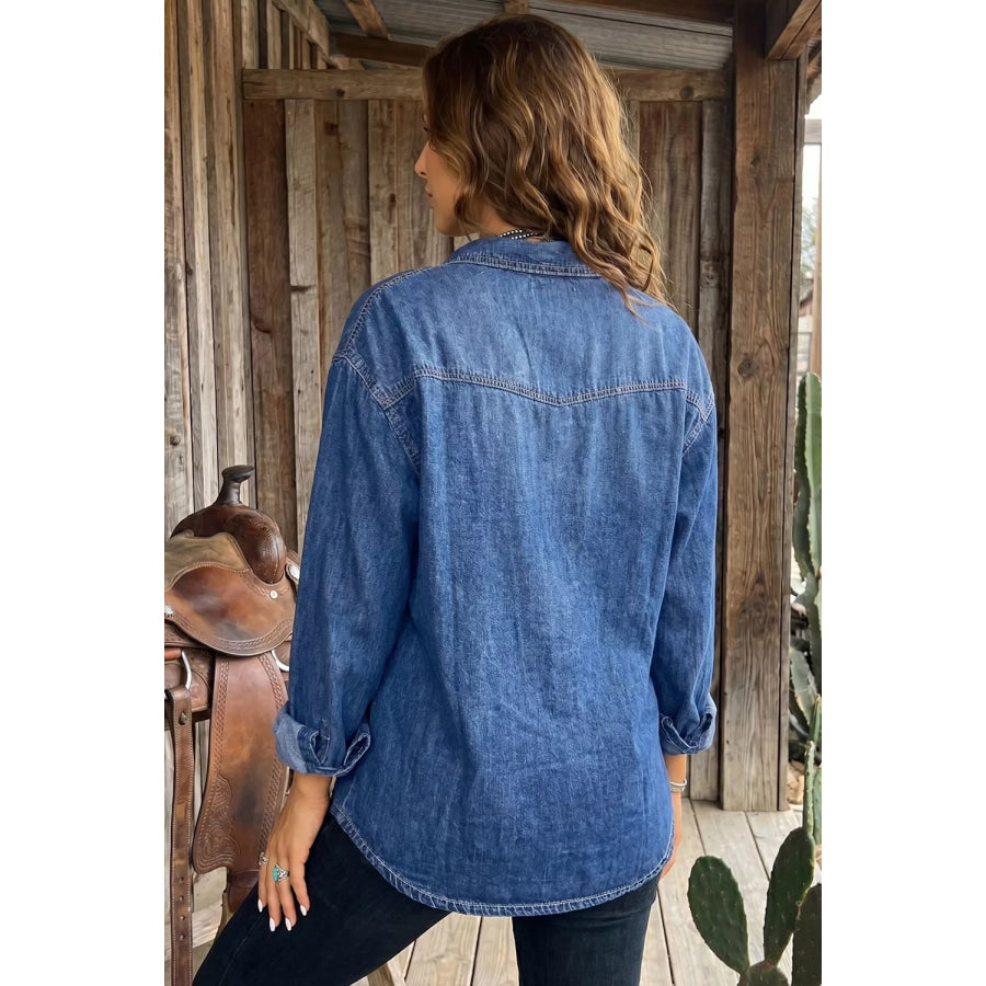 Western Patch Pockets Tunic Length Long Sleeve Denim Shirt Apparel and Accessories