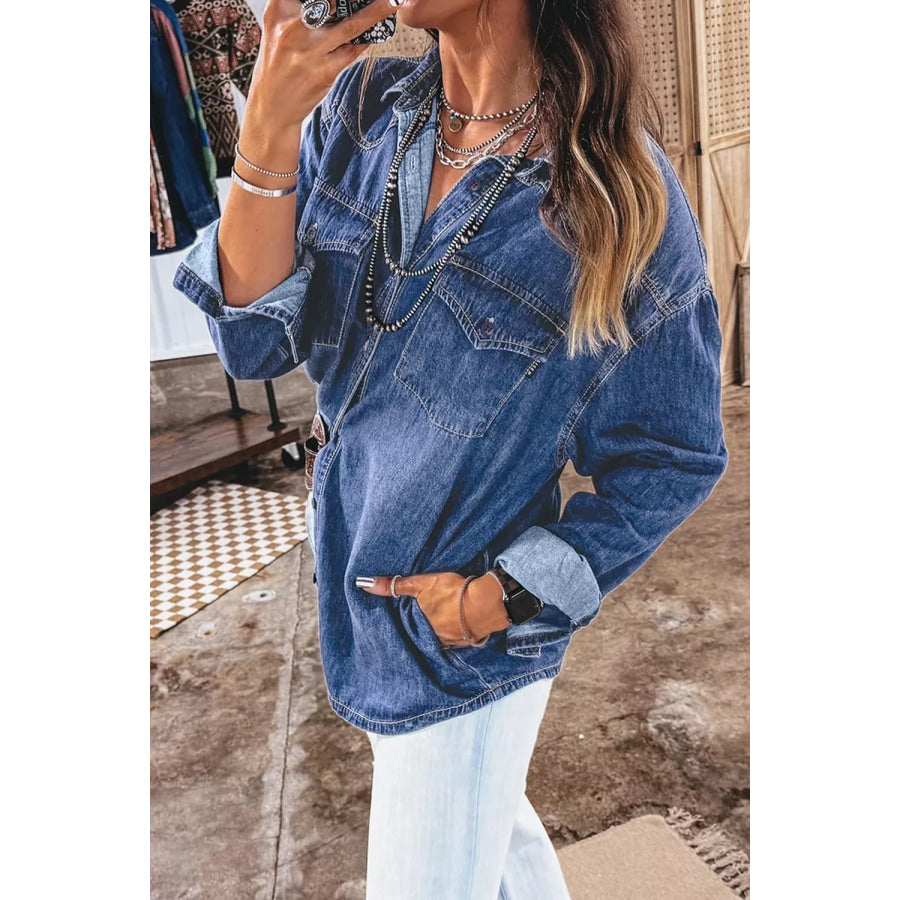 Western Patch Pockets Tunic Length Long Sleeve Denim Shirt Apparel and Accessories