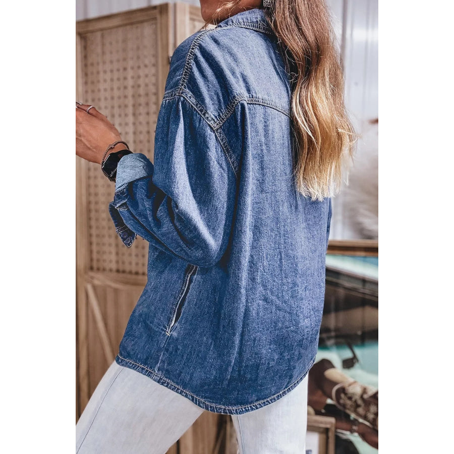 Western Patch Pockets Tunic Length Long Sleeve Denim Shirt Apparel and Accessories