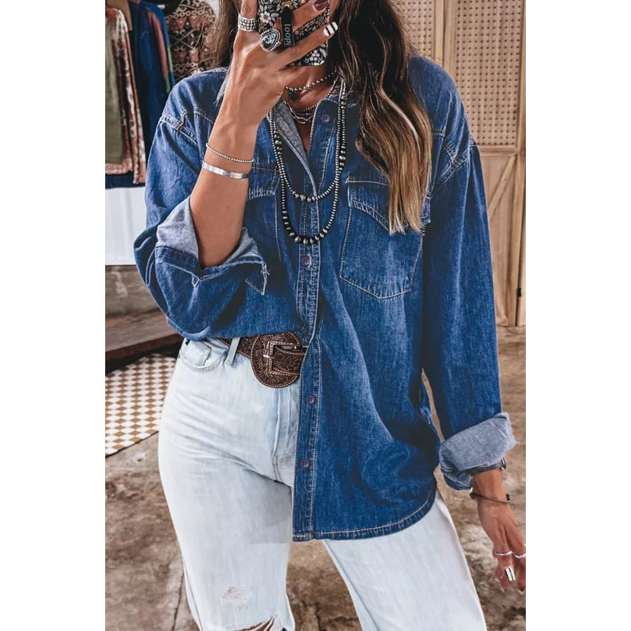 Western Patch Pockets Tunic Length Long Sleeve Denim Shirt Apparel and Accessories